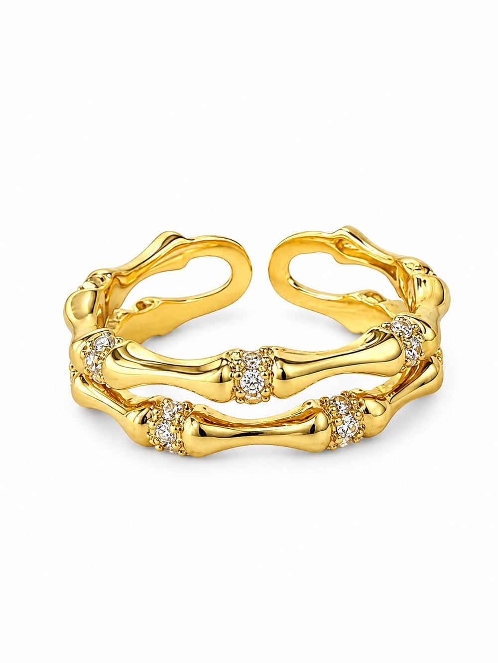 14K Gold Plated CZ Bamboo Style Double Band Ring | Adjustable Open Ring
